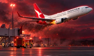 Qantas QF122 left engine flame bursts Christchurch